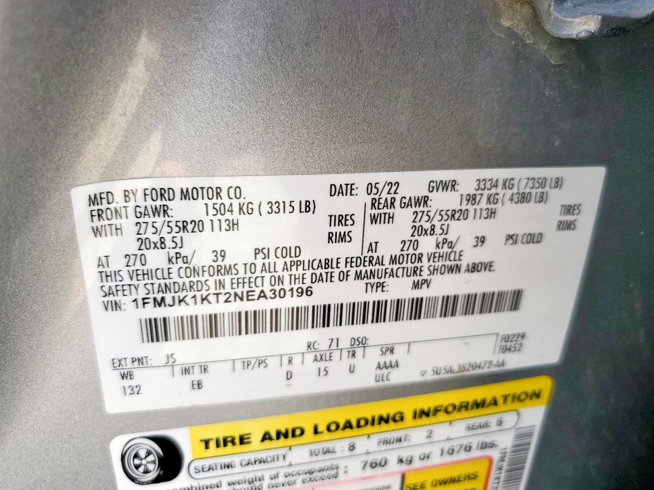 2022 Ford Expedition Max Limited VIN: 1FMJK1KT2NEA30196 Lot: 70821125