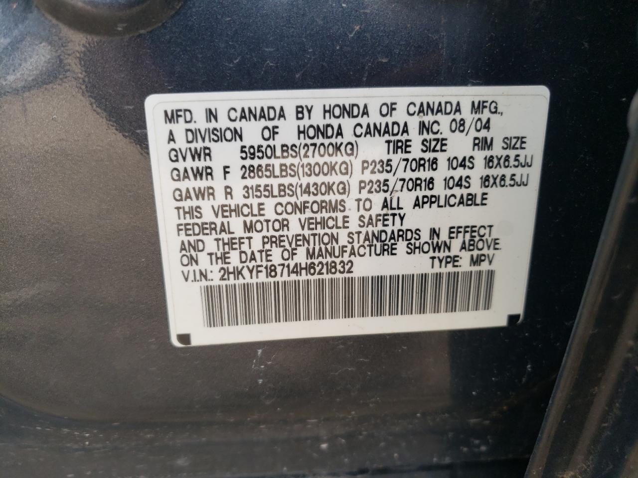 2004 Honda Pilot Exl VIN: 2HKYF18714H621832 Lot: 70664325