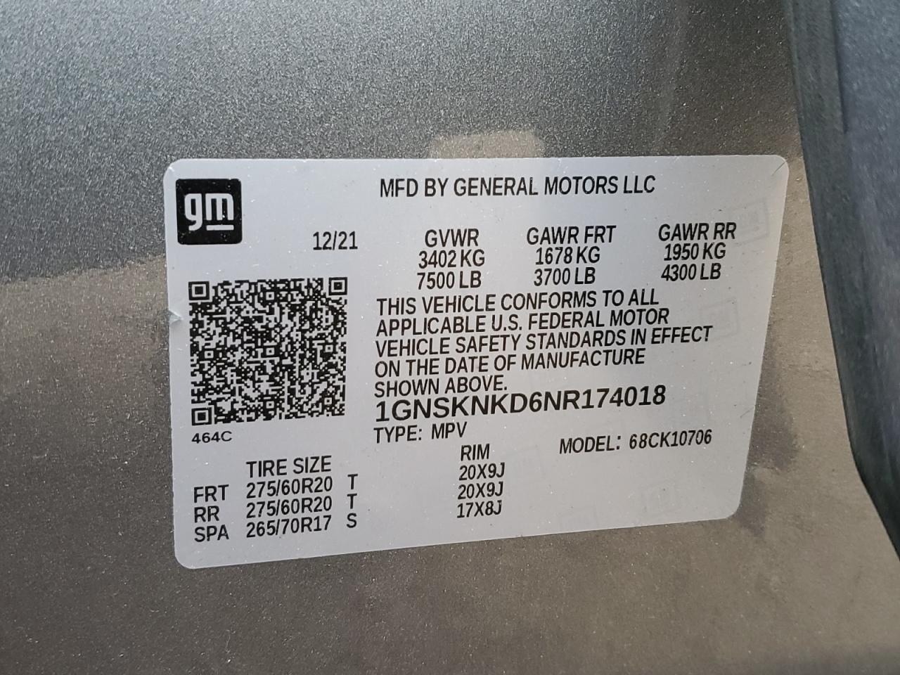 2022 Chevrolet Tahoe K1500 Lt VIN: 1GNSKNKD6NR174018 Lot: 69866445