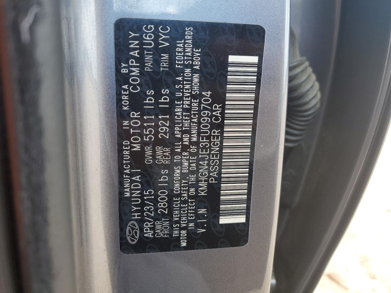 2015 Hyundai Genesis 3.8L VIN: KMHGN4JE3FU099704 Lot: 69070335