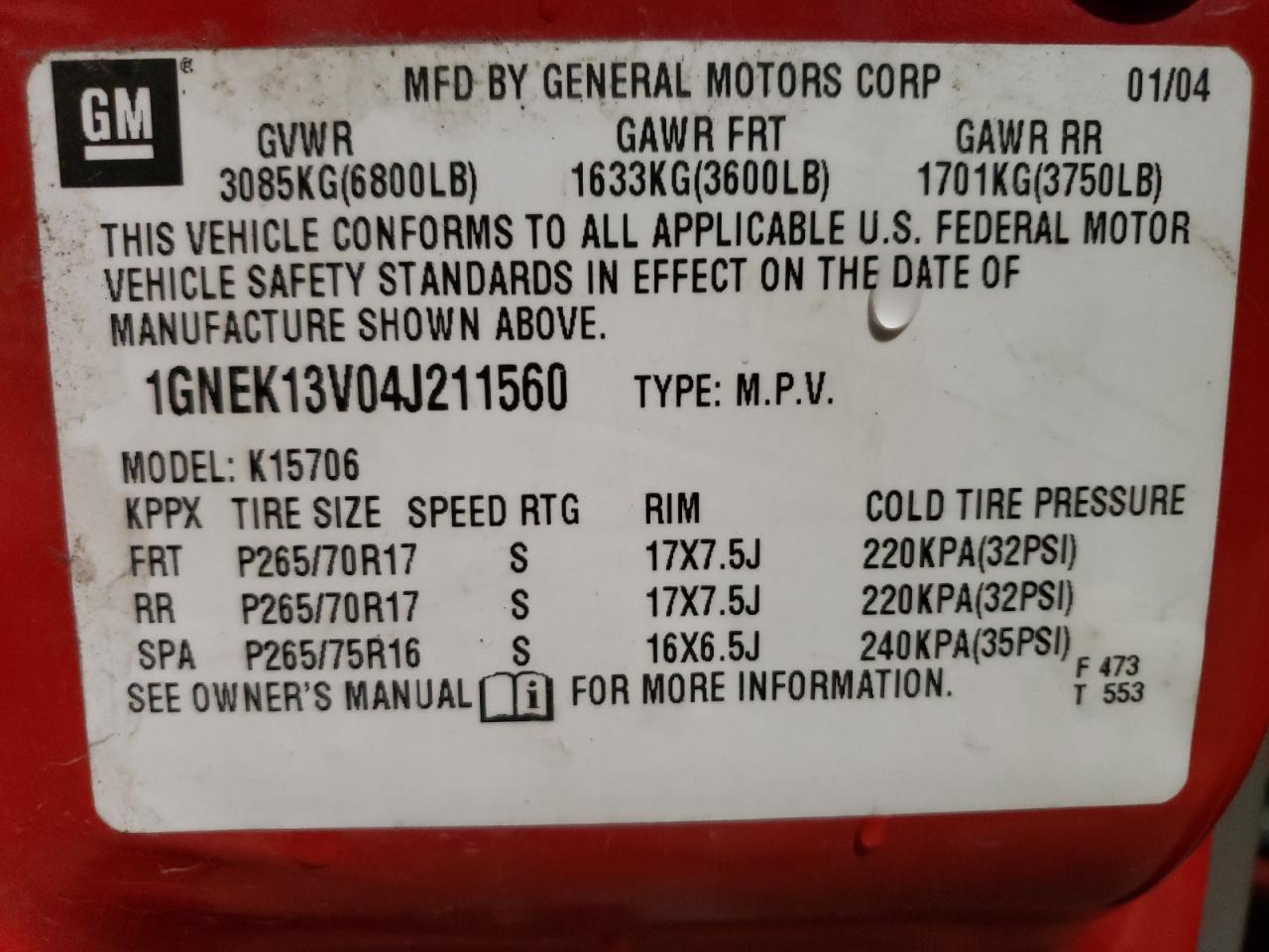 2004 Chevrolet Tahoe K1500 VIN: 1GNEK13V04J211560 Lot: 68352925