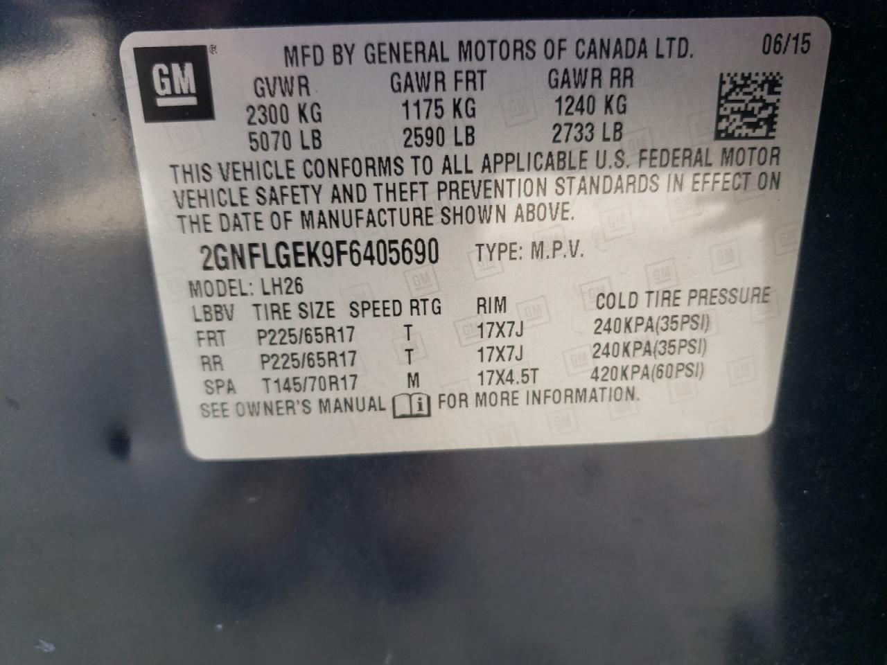 2015 Chevrolet Equinox Lt VIN: 2GNFLGEK9F6405690 Lot: 69676175