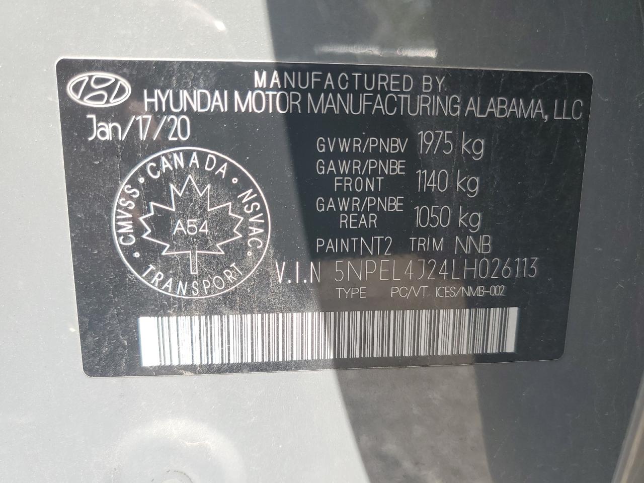 2020 Hyundai Sonata Sel VIN: 5NPEL4J24LH026113 Lot: 70630465