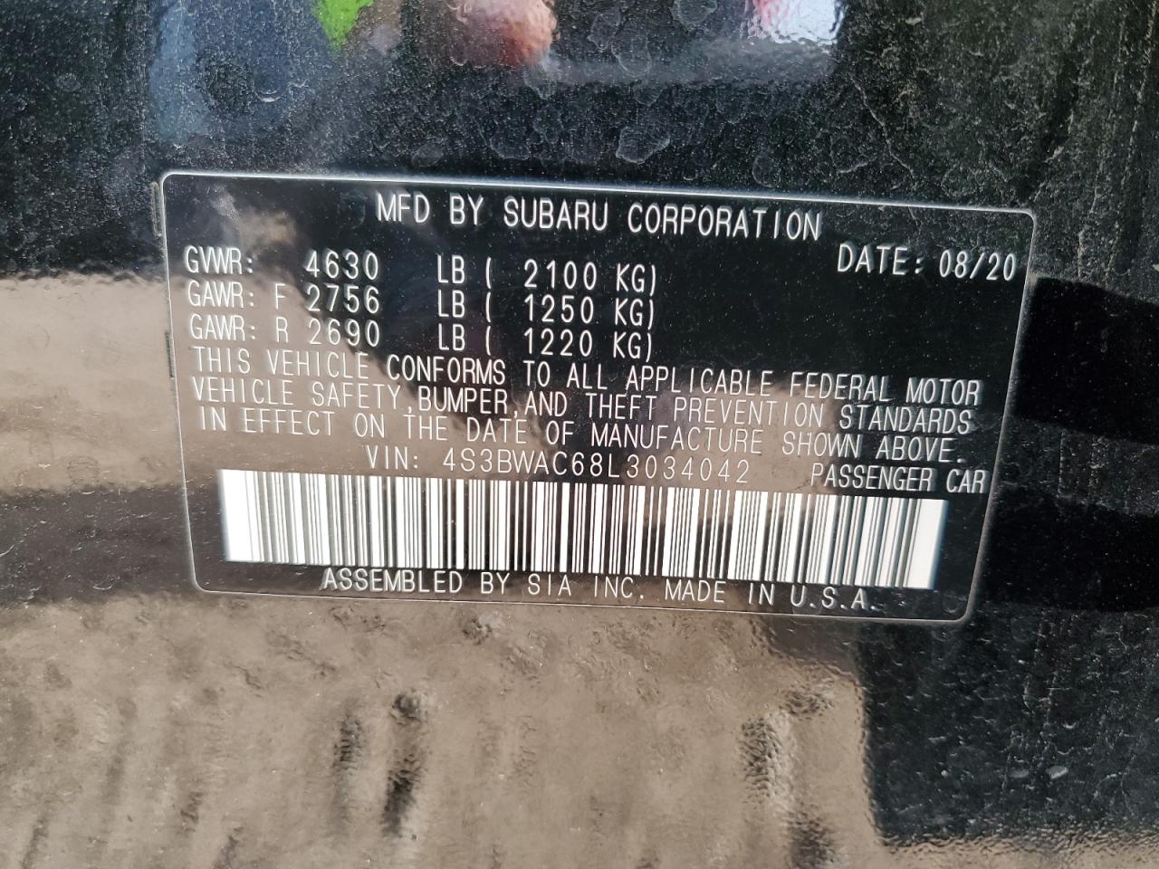 2020 Subaru Legacy Premium VIN: 4S3BWAC68L3034042 Lot: 67796815