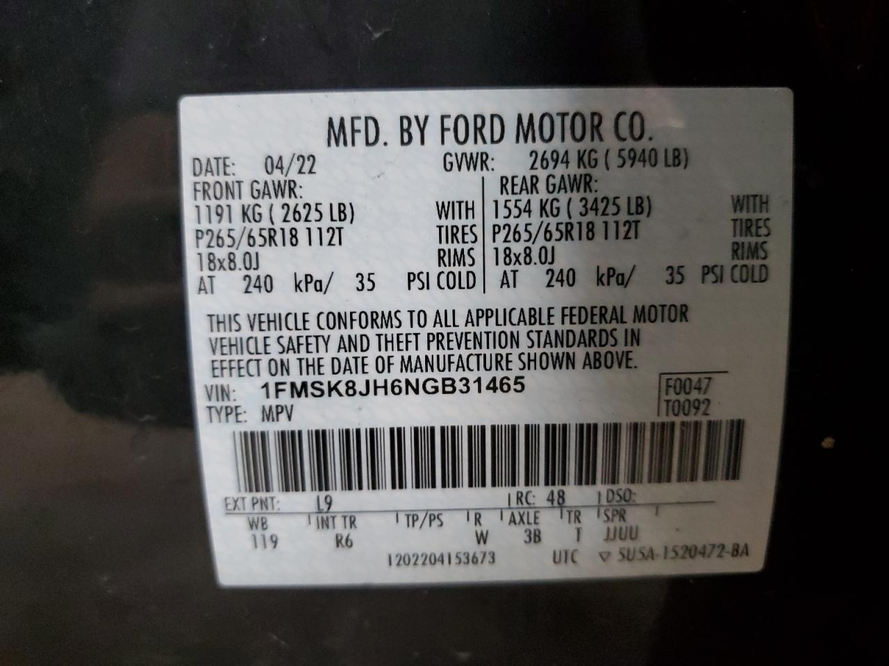 2022 Ford Explorer Timberline VIN: 1FMSK8JH6NGB31465 Lot: 68528785