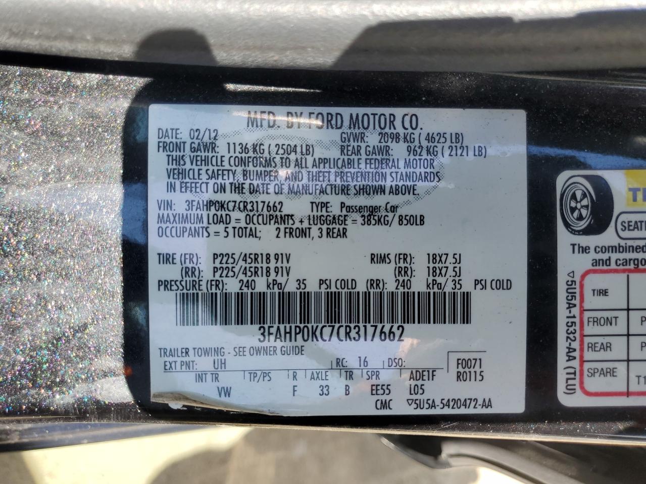 2012 Ford Fusion Sport VIN: 3FAHP0KC7CR317662 Lot: 70561845