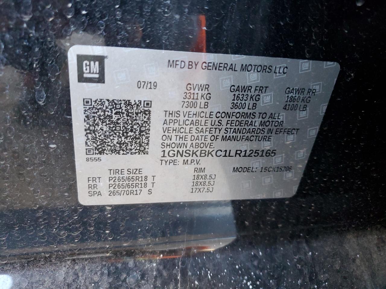 2020 Chevrolet Tahoe K1500 Lt VIN: 1GNSKBKC1LR125165 Lot: 67417835