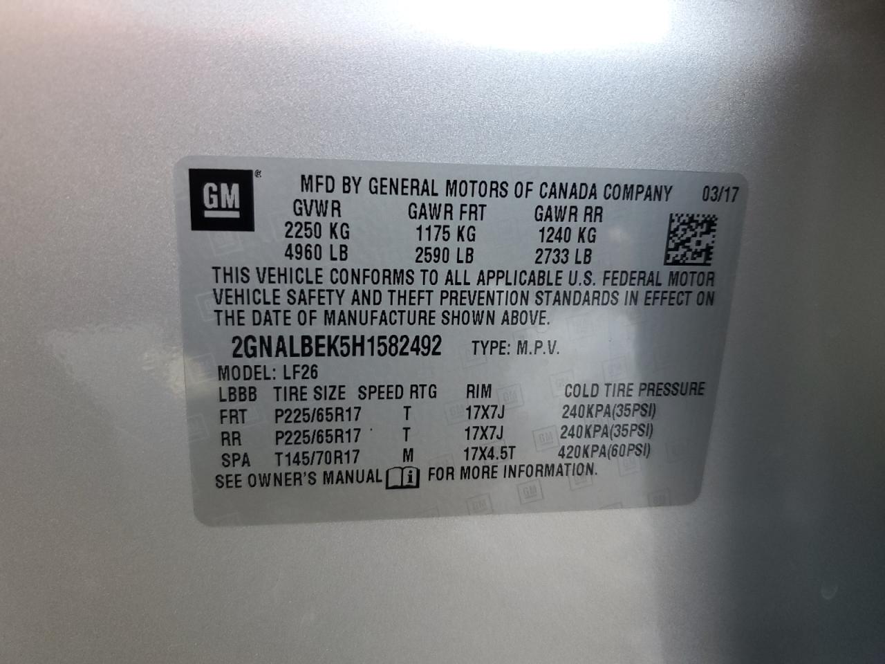 2017 Chevrolet Equinox Ls VIN: 2GNALBEK5H1582492 Lot: 70772435