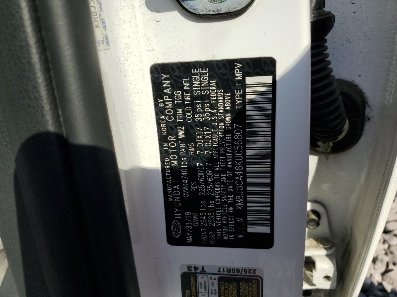 2019 Hyundai Tucson Limited VIN: KM8J3CA48KU056807 Lot: 65342855