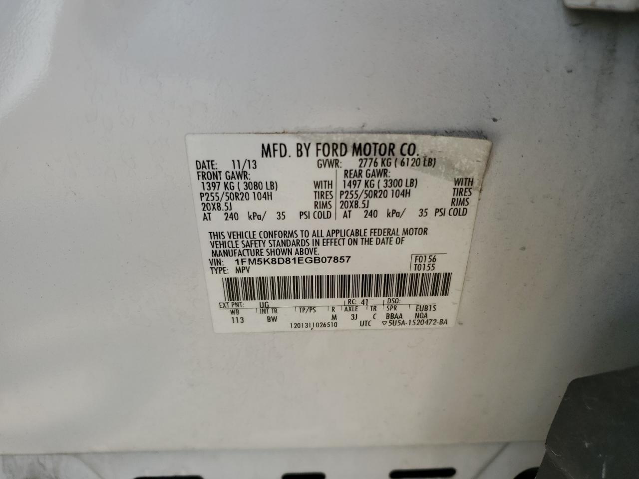 2014 Ford Explorer Xlt VIN: 1FM5K8D81EGB07857 Lot: 70200245
