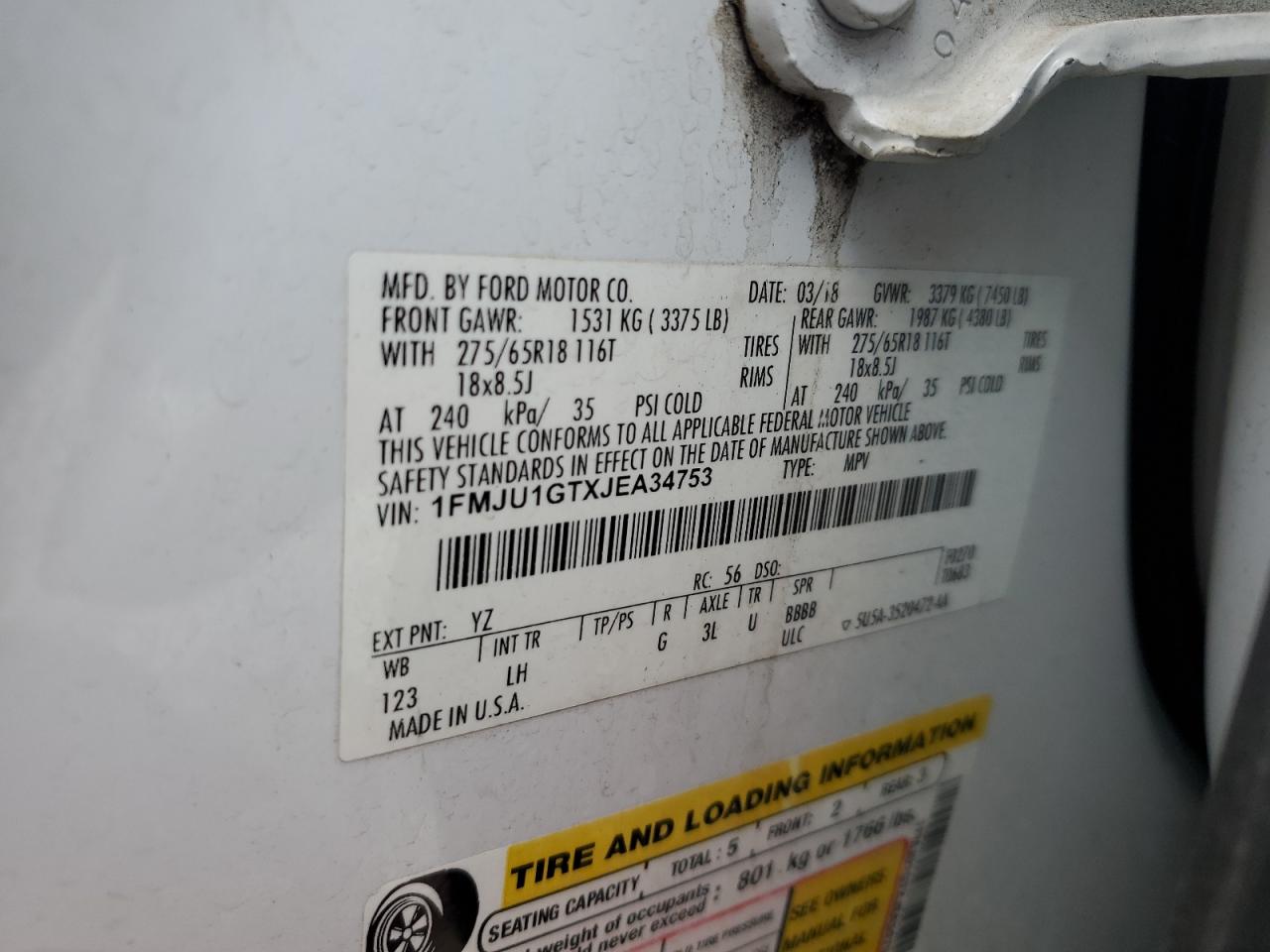 2018 Ford Expedition Xl VIN: 1FMJU1GTXJEA34753 Lot: 69828625