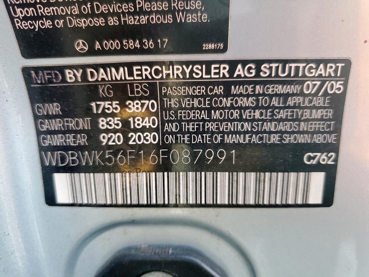 2006 Mercedes-Benz Slk 350 VIN: WDBWK56F16F087991 Lot: 69600345