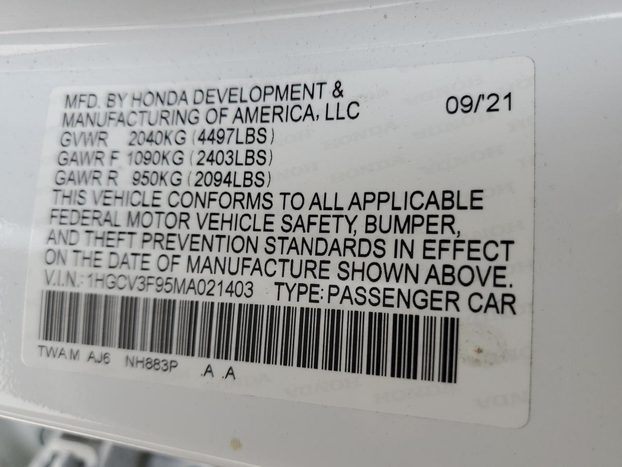 2021 Honda Accord Touring Hybrid VIN: 1HGCV3F95MA021403 Lot: 70882065