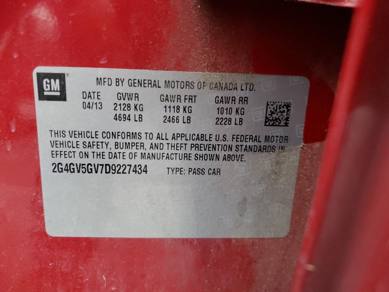 2013 Buick Regal Gs VIN: 2G4GV5GV7D9227434 Lot: 70059695