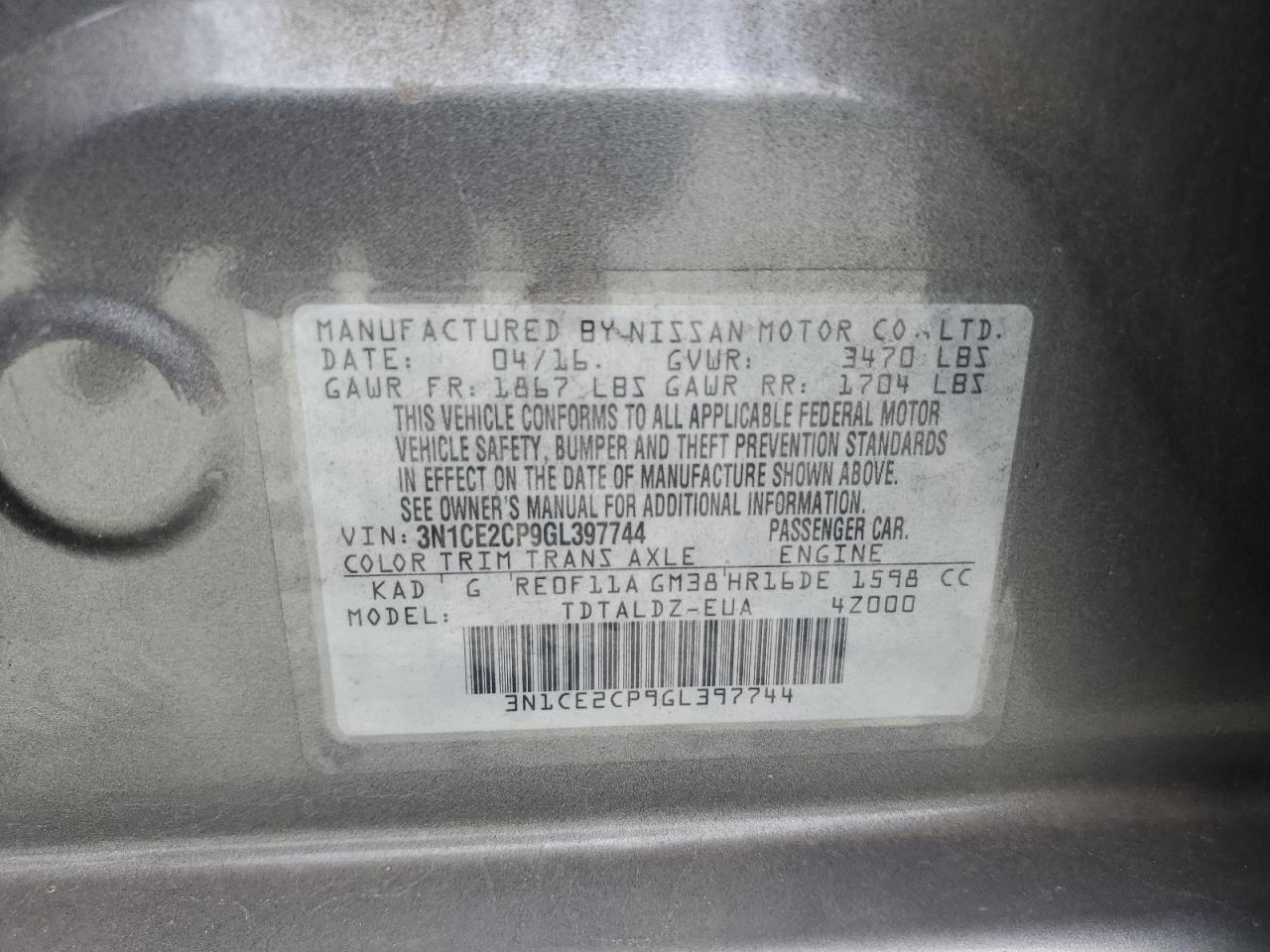 2016 Nissan Versa Note S VIN: 3N1CE2CP9GL397744 Lot: 70173585