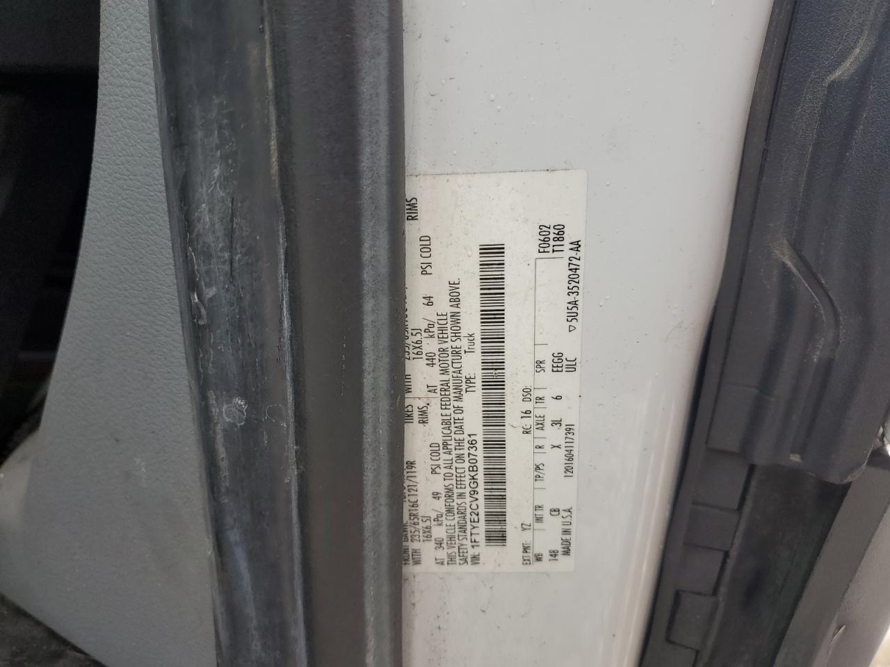 2016 Ford Transit T-150 VIN: 1FTYE2CV9GKB07361 Lot: 70903585