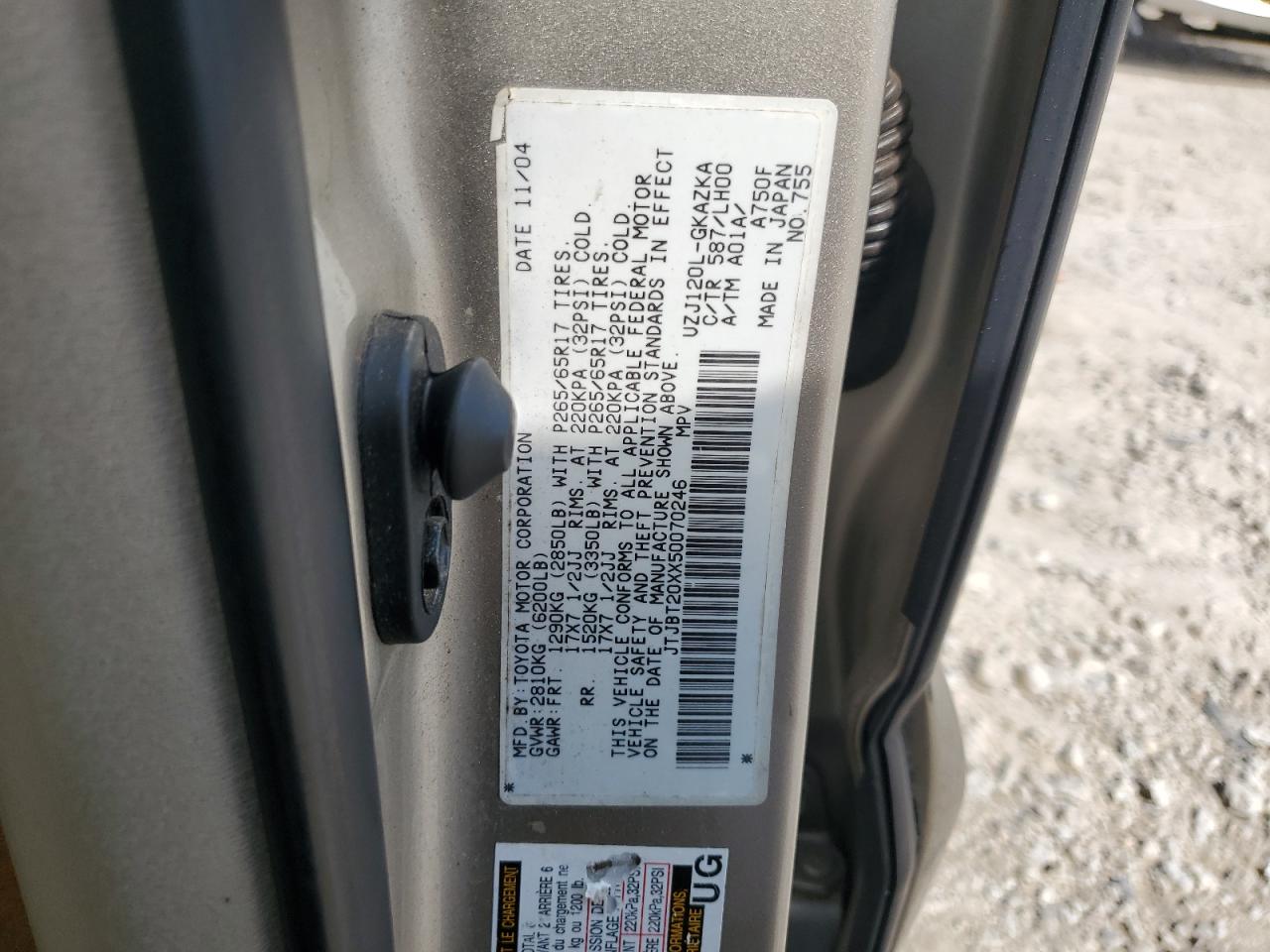 2005 Lexus Gx 470 VIN: JTJBT20XX50070246 Lot: 67704095