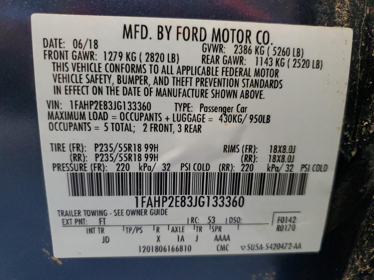 2018 Ford Taurus Sel VIN: 1FAHP2E83JG133360 Lot: 68253105