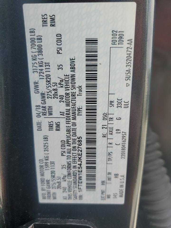 2018 Ford F150 Supercrew VIN: 1FTEW1E54JKE27685 Lot: 67394525