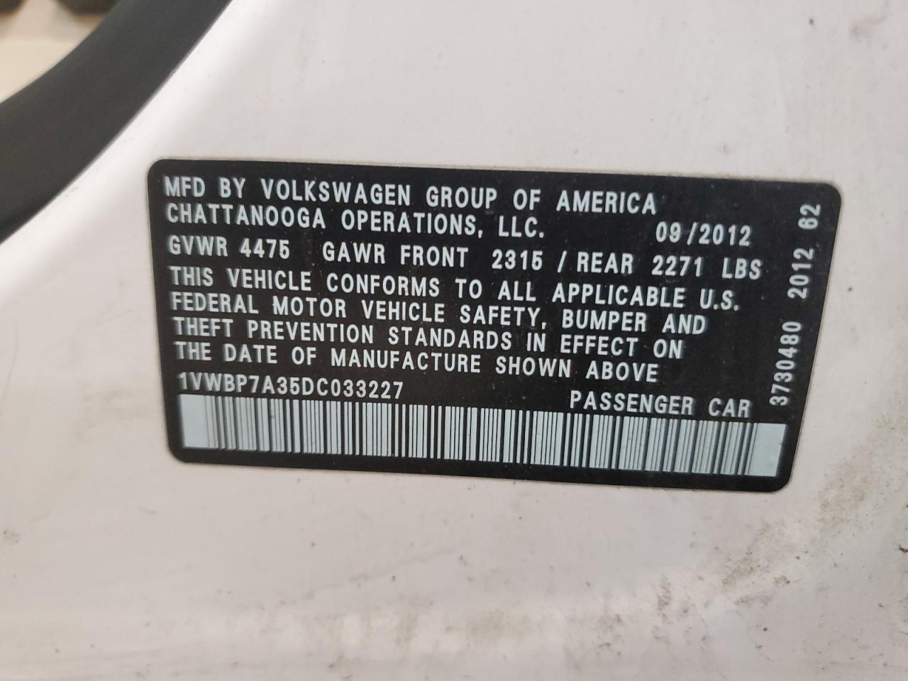 2013 Volkswagen Passat Se VIN: 1VWBP7A35DC033227 Lot: 68400145