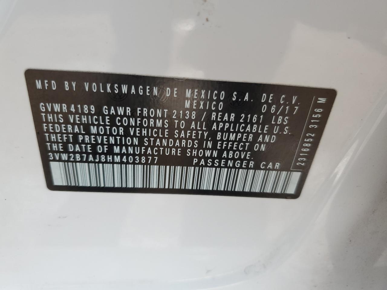 2017 Volkswagen Jetta S VIN: 3VW2B7AJ8HM403877 Lot: 66869115