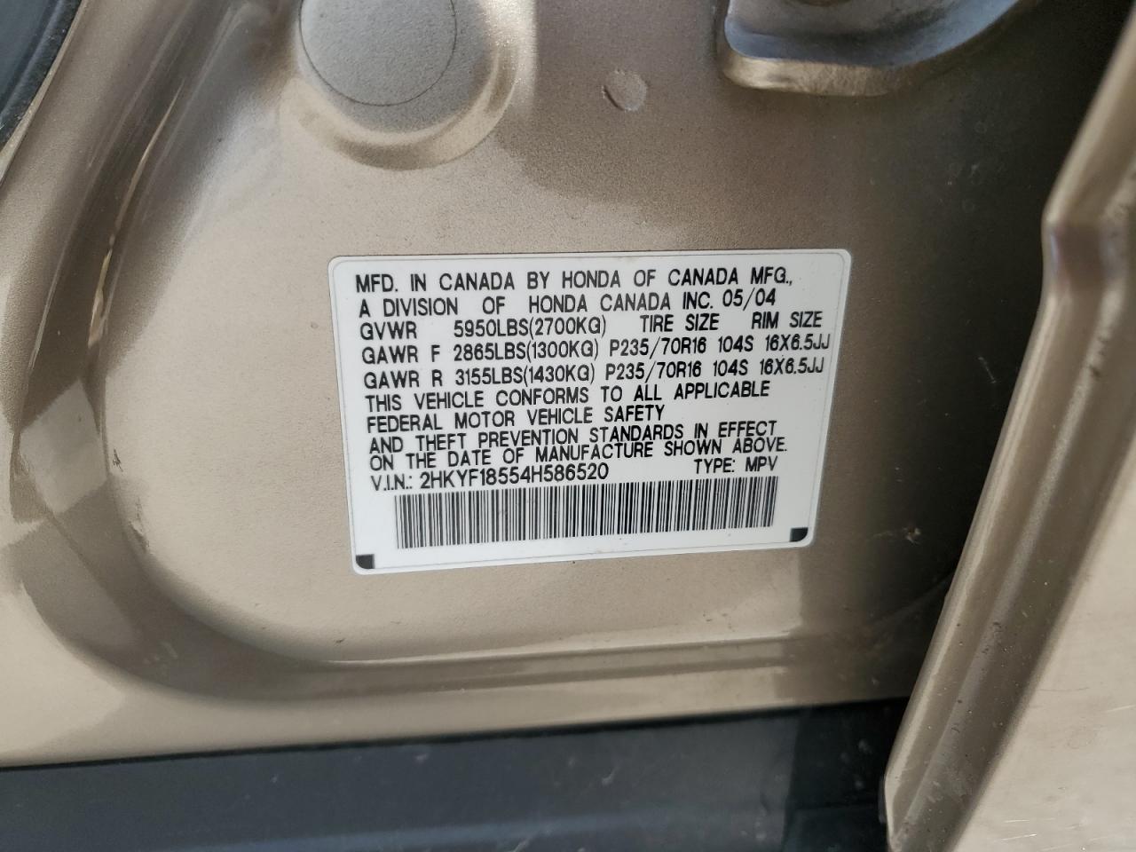 2004 Honda Pilot Exl VIN: 2HKYF18554H586520 Lot: 84750155