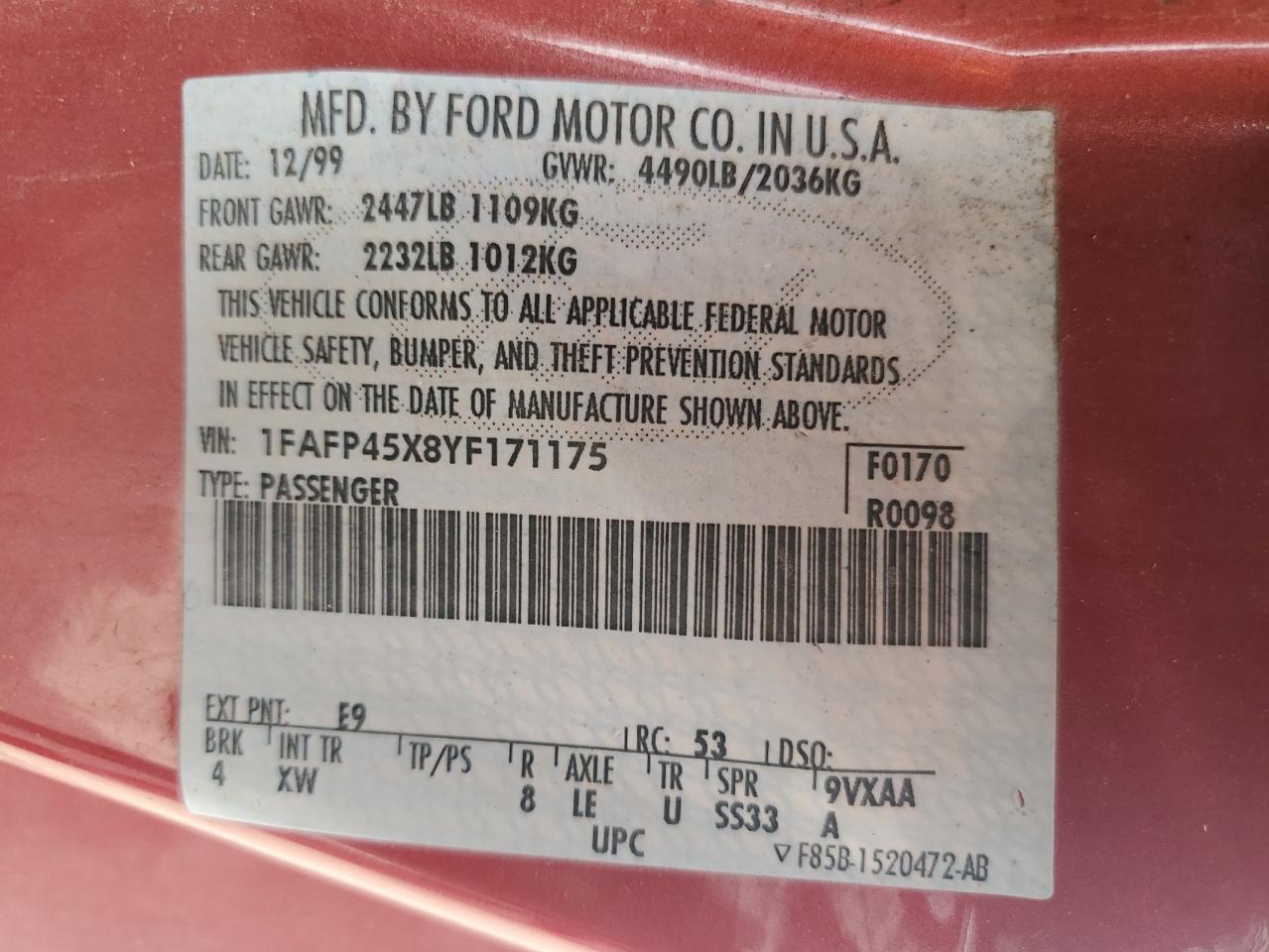 2000 Ford Mustang Gt VIN: 1FAFP45X8YF171175 Lot: 70705385