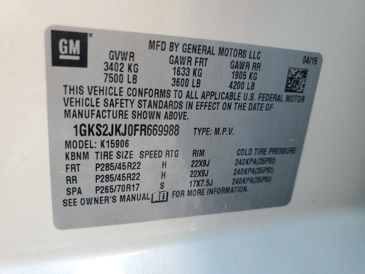 2015 GMC Yukon Xl Denali VIN: 1GKS2JKJ0FR669988 Lot: 69581915