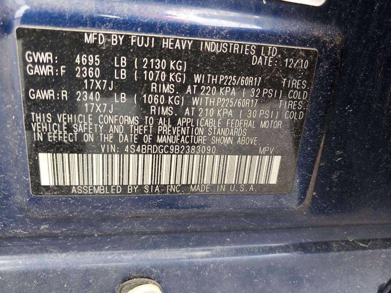 2011 Subaru Outback 3.6R Premium VIN: 4S4BRDGC9B2383090 Lot: 65975285