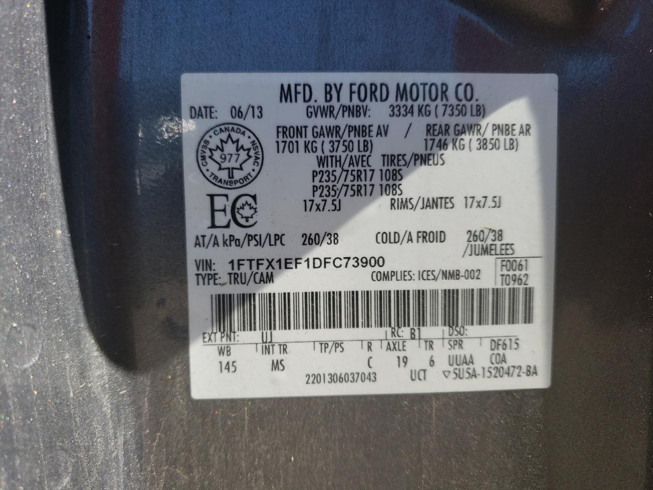 2013 Ford F150 Super Cab VIN: 1FTFX1EF1DFC73900 Lot: 69986025