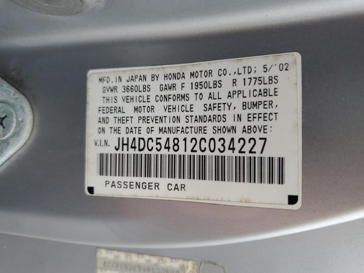 2002 Acura Rsx VIN: JH4DC54812C034227 Lot: 69868125