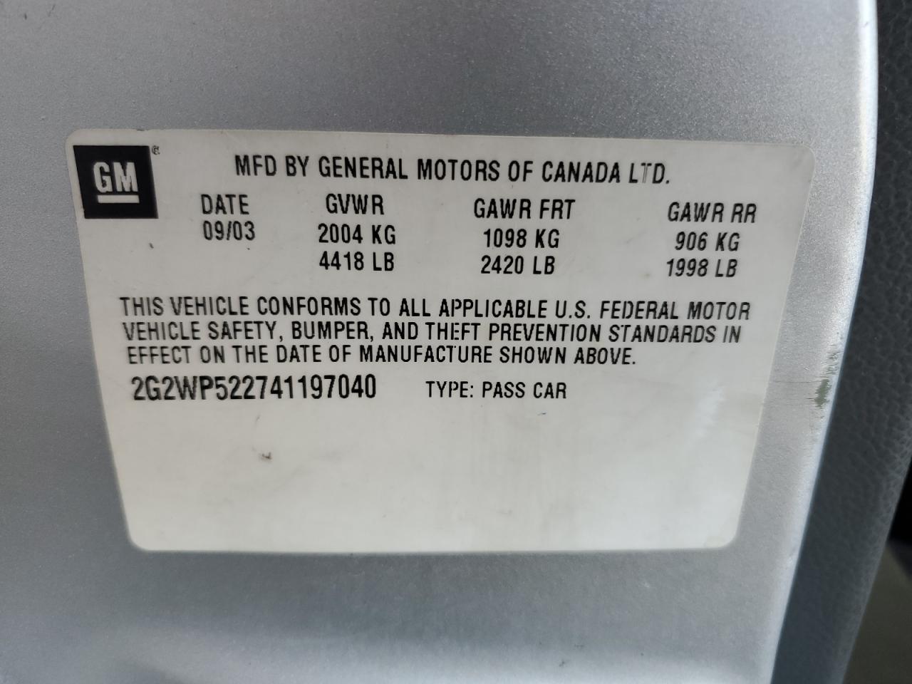 2004 Pontiac Grand Prix Gt VIN: 2G2WP522741197040 Lot: 68385175