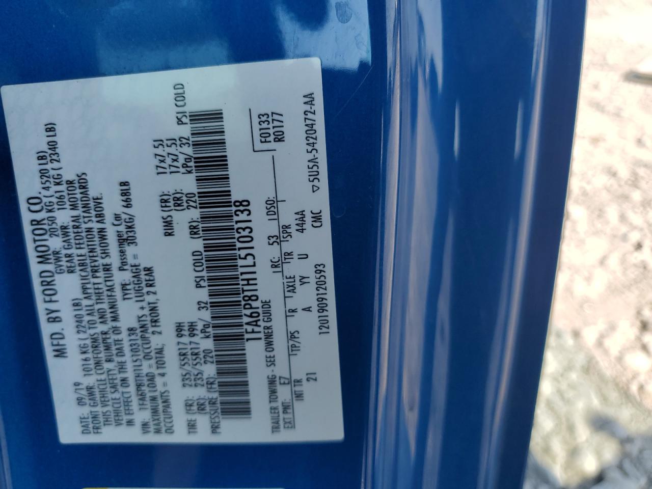 2020 Ford Mustang VIN: 1FA6P8TH1L5103138 Lot: 68935875