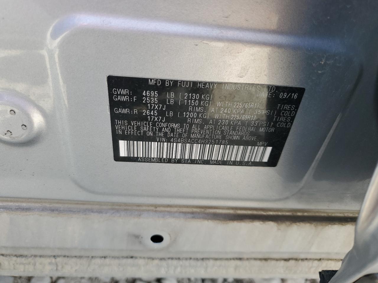 2017 Subaru Outback 2.5I Premium VIN: 4S4BSACC4H3251785 Lot: 67721715