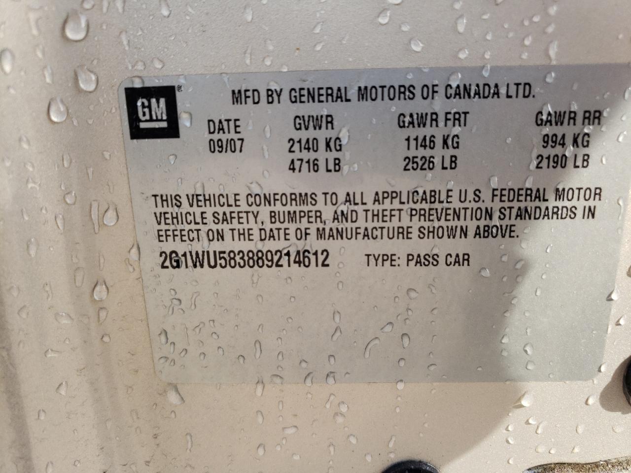 2008 Chevrolet Impala Ltz VIN: 2G1WU583889214612 Lot: 67982135