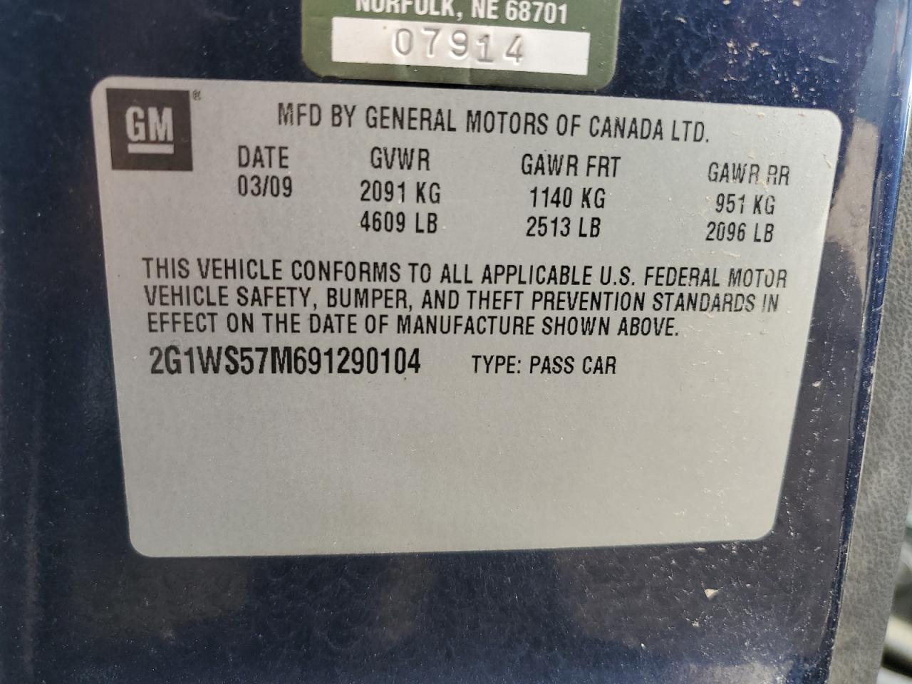 2009 Chevrolet Impala Police VIN: 2G1WS57M691290104 Lot: 70208875