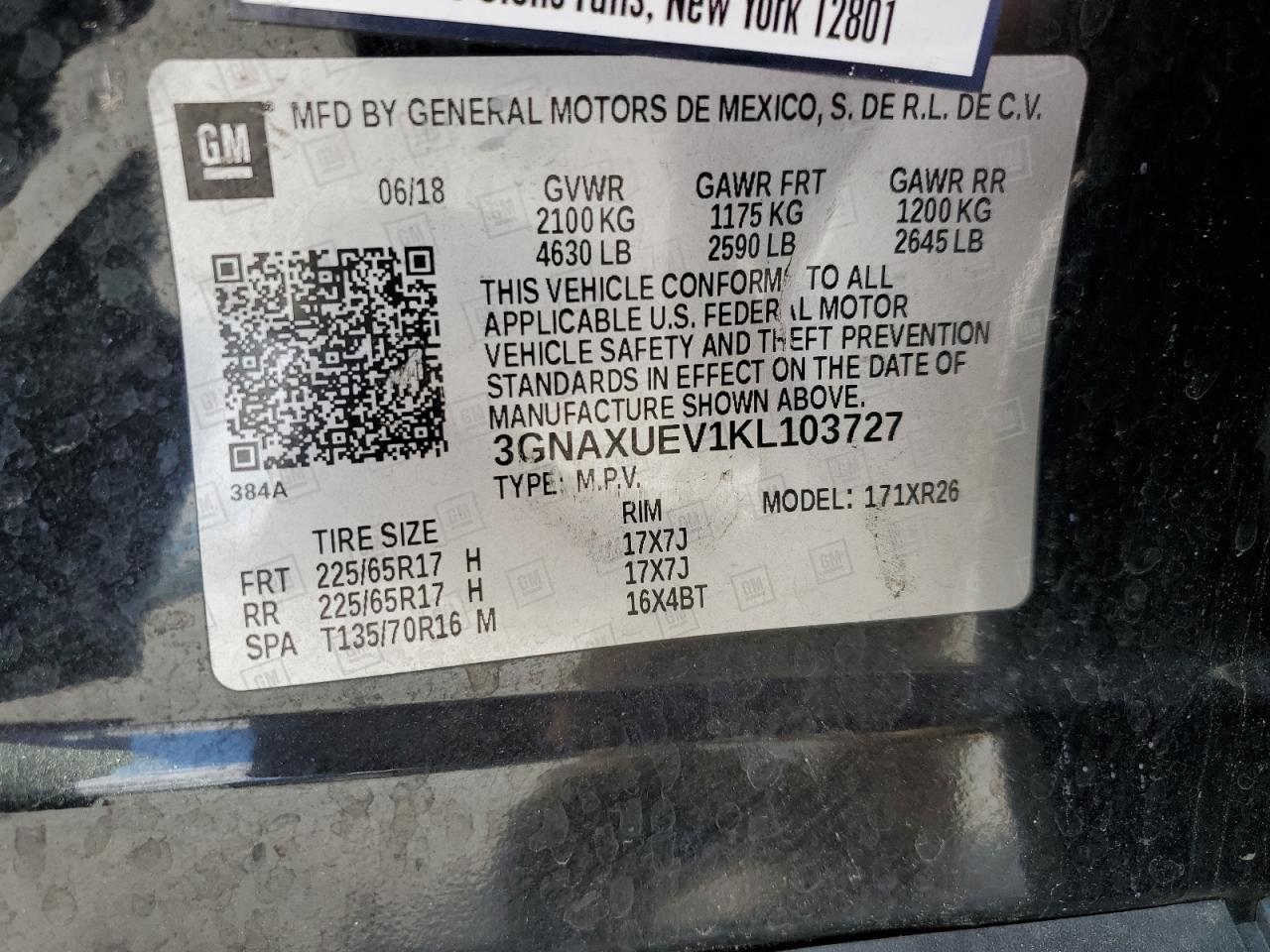 2019 Chevrolet Equinox Lt VIN: 3GNAXUEV1KL103727 Lot: 70111825