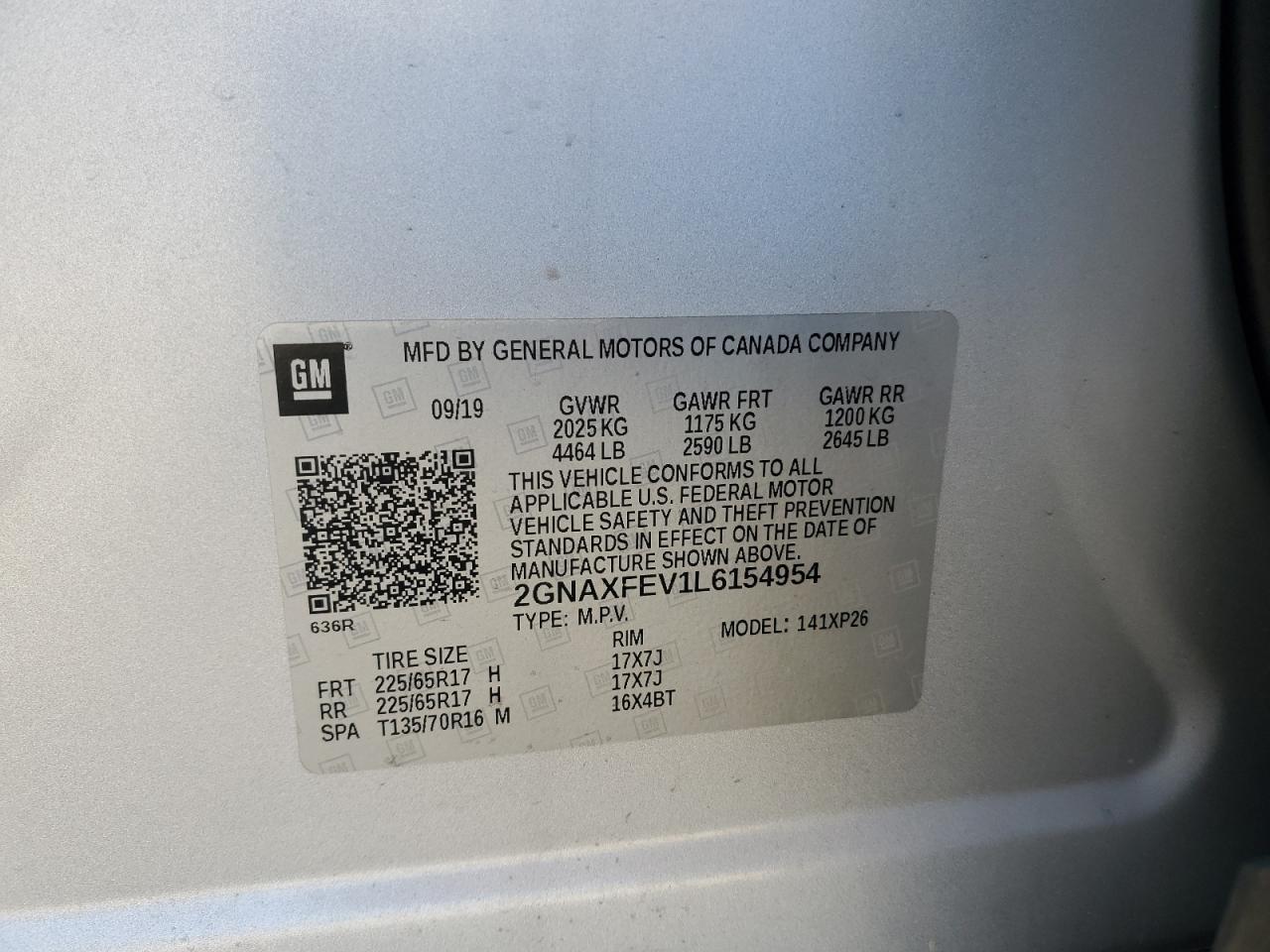 2020 Chevrolet Equinox VIN: 2GNAXFEV1L6154954 Lot: 69322395