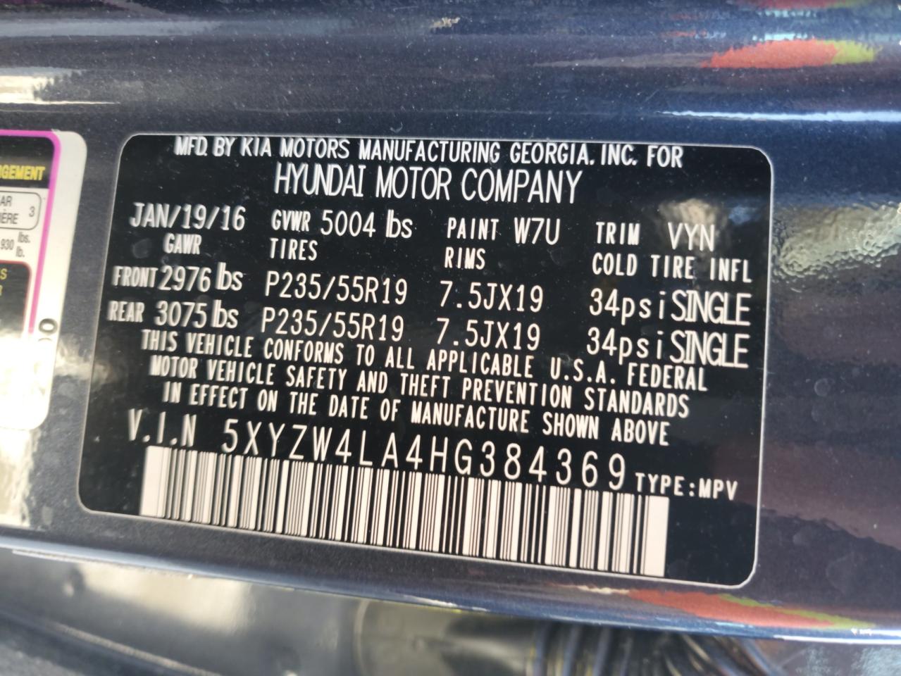 2017 Hyundai Santa Fe Sport VIN: 5XYZW4LA4HG384369 Lot: 70095965