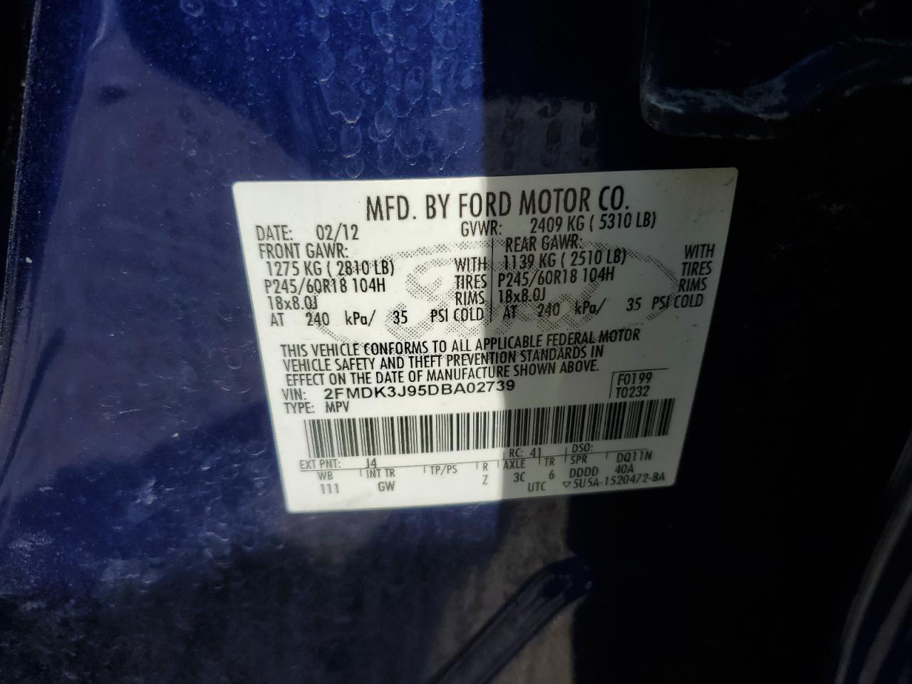 2013 Ford Edge Sel VIN: 2FMDK3J95DBA02739 Lot: 70086855