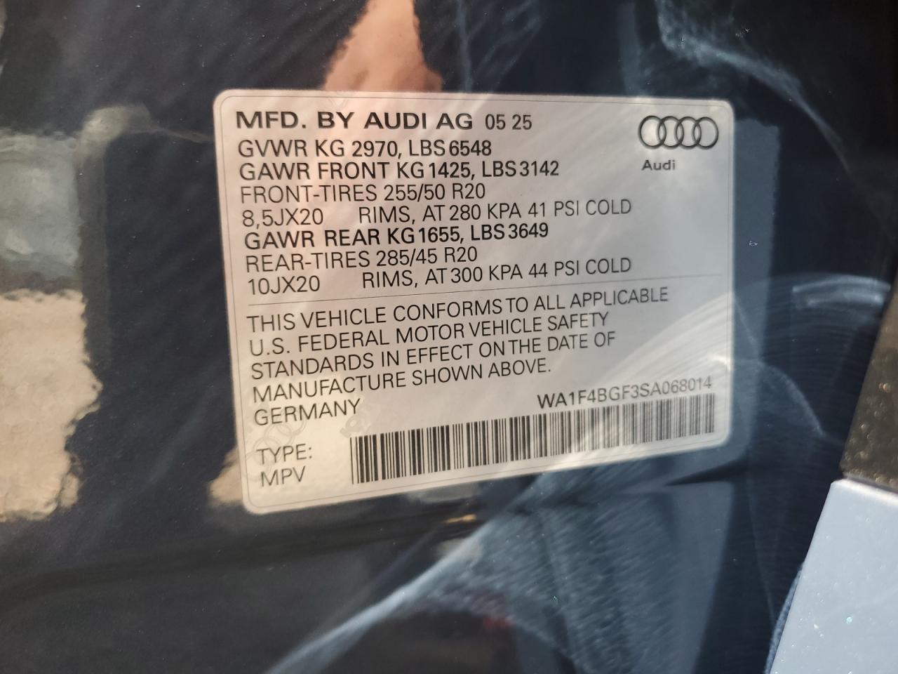 2025 Audi Q6 E-Tron Sportback Prestige VIN: WA1F4BGF3SA068014 Lot: 67253125