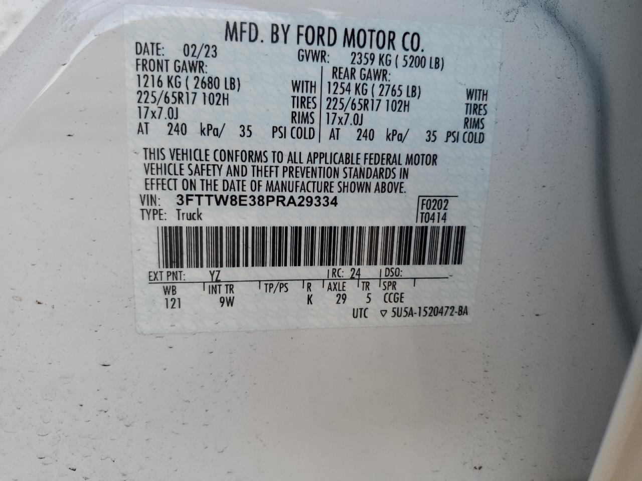 2023 Ford Maverick Xl VIN: 3FTTW8E38PRA29334 Lot: 70199135