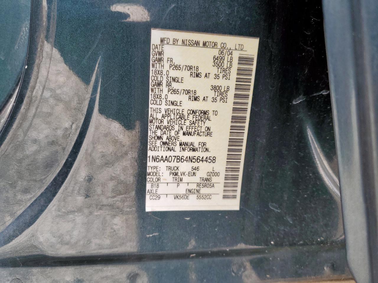 2004 Nissan Titan Xe VIN: 1N6AA07B64N564458 Lot: 67226485