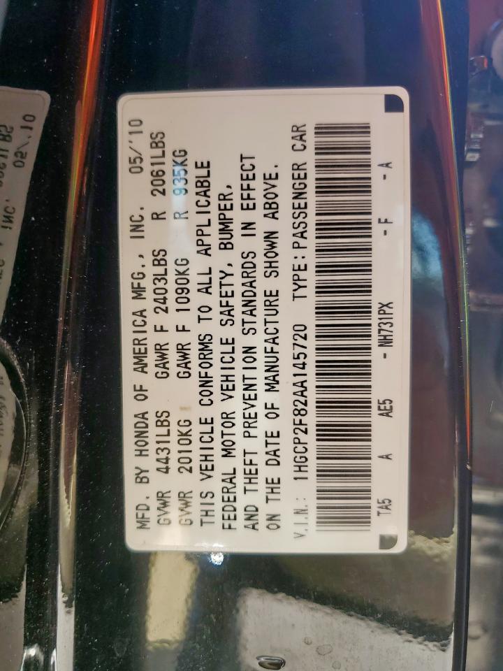2010 Honda Accord Exl VIN: 1HGCP2F82AA145720 Lot: 67488885