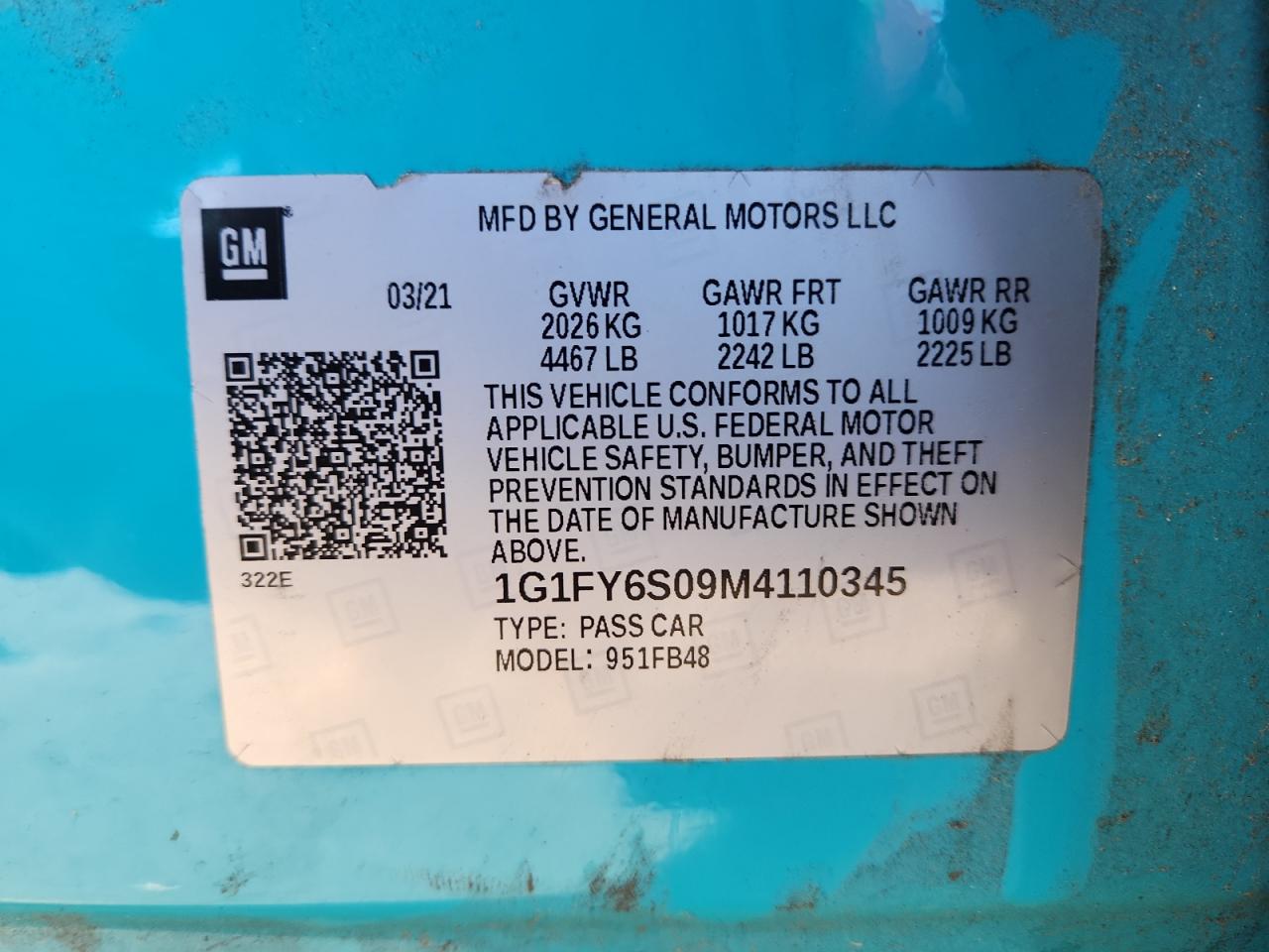 2021 Chevrolet Bolt Ev Lt VIN: 1G1FY6S09M4110345 Lot: 69343525