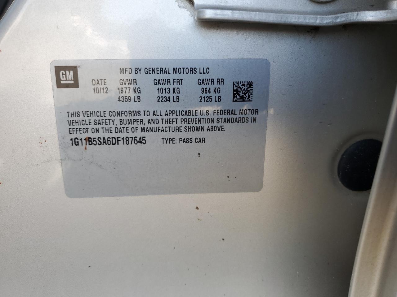 2013 Chevrolet Malibu Ls VIN: 1G11B5SA6DF187645 Lot: 70382395