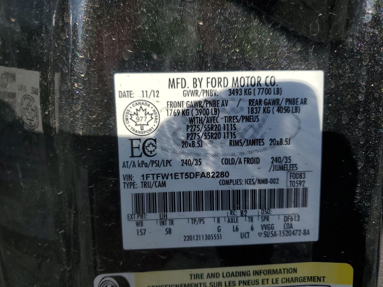 2013 Ford F150 Supercrew VIN: 1FTFW1ET5DFA82280 Lot: 70418925