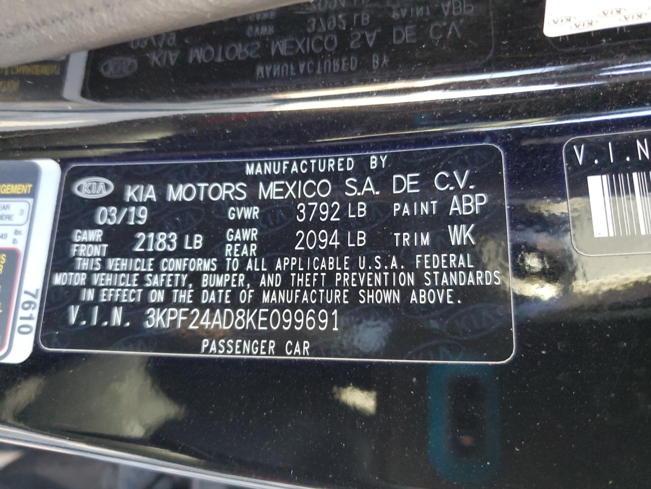 2019 Kia Forte Fe VIN: 3KPF24AD8KE099691 Lot: 70292285