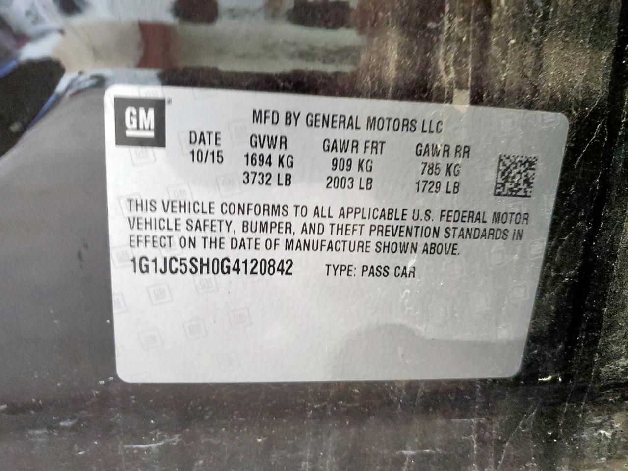 2016 Chevrolet Sonic Lt VIN: 1G1JC5SH0G4120842 Lot: 69886175