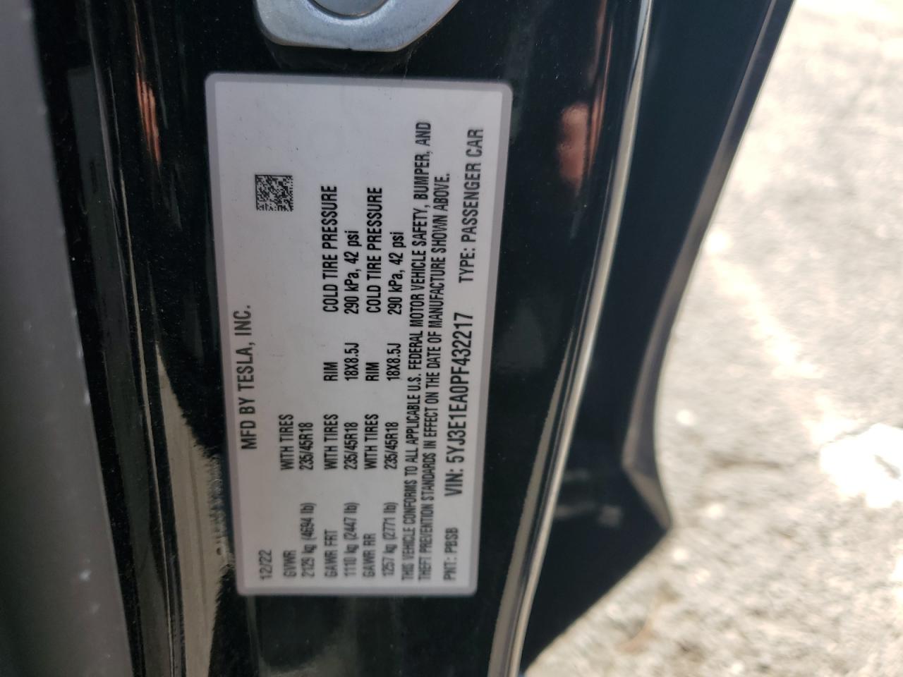 2023 Tesla Model 3 VIN: 5YJ3E1EA0PF432217 Lot: 65908505